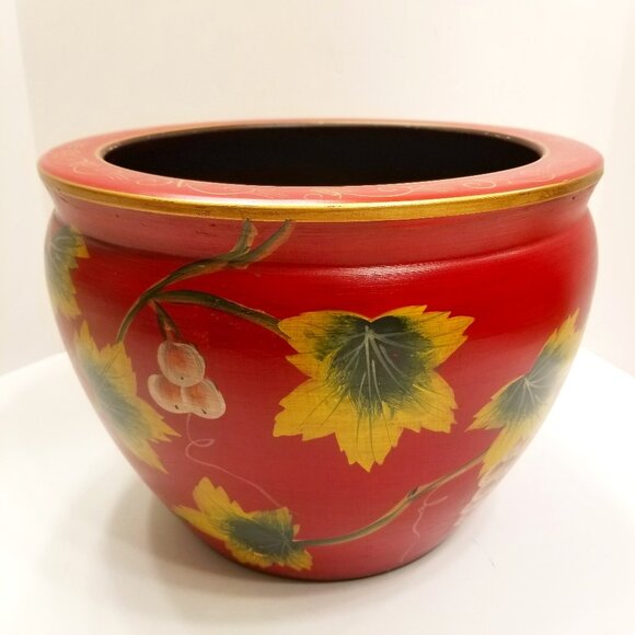 Showstopping Red & Gold 12" NorCal Ming Tole Tivoli Red Planter with Grape Vine!